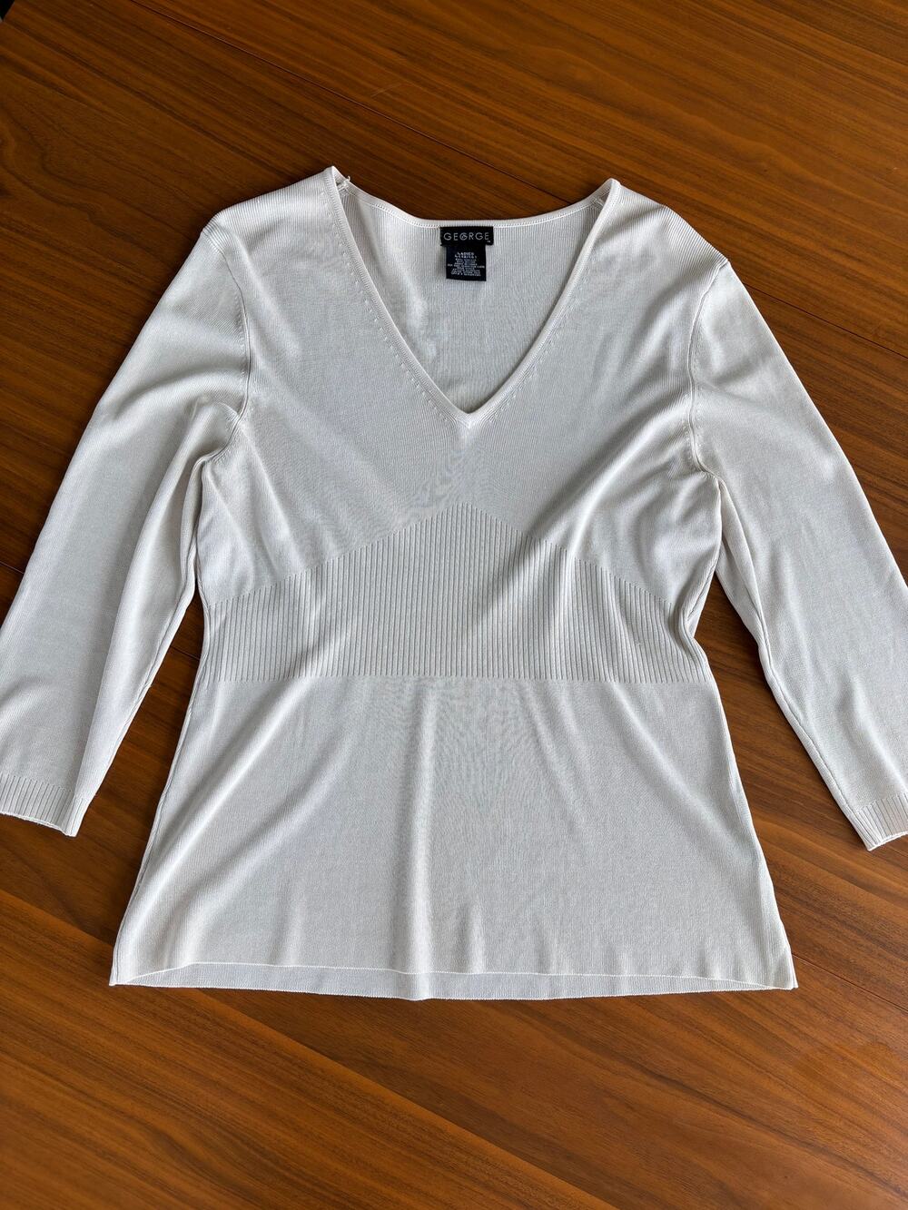 Vintage George Top Large Cream Knit V Neck Flowy 90s Minimalism Coastal Siren